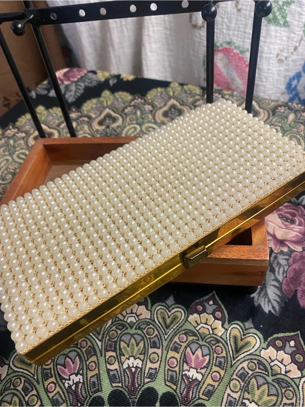 Vintage Pearl Tone Beaded Clutch with Gold Trim